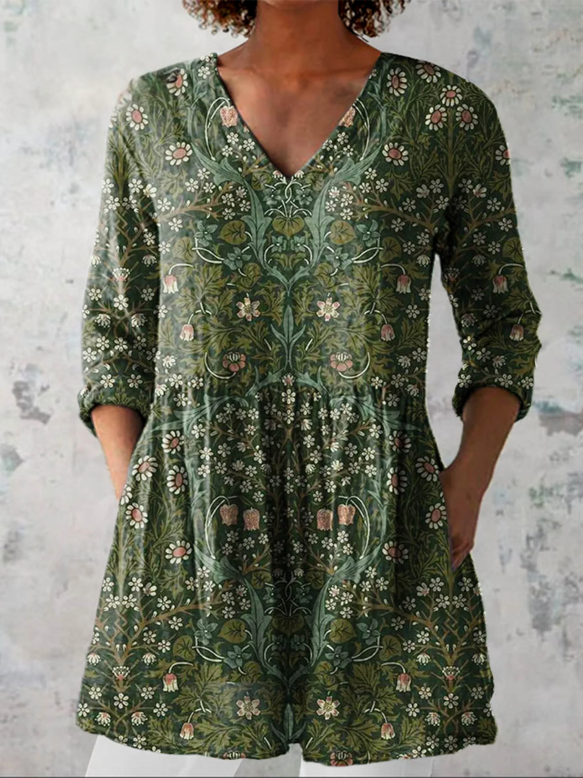 Women's Vintage Lovely Floral Art Print Casual Linen V-neck Tunic