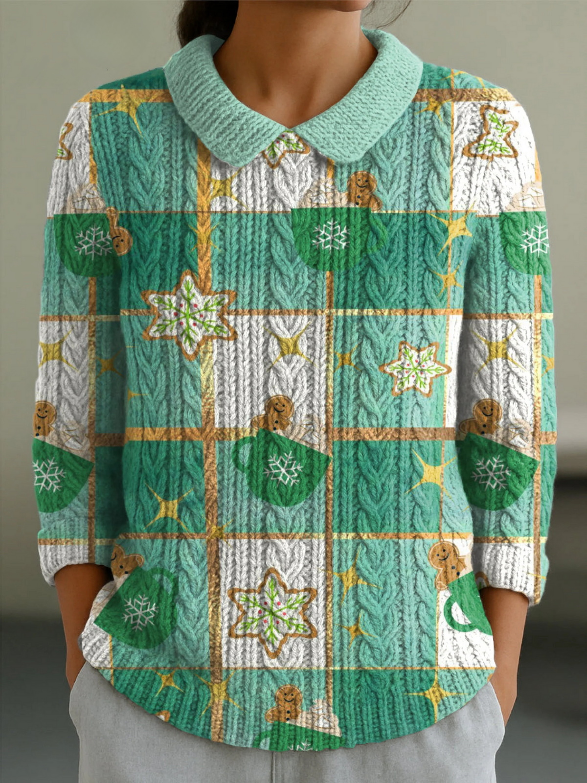 Women's Christmas Snowflake Plaid Print Casual Peter Pan Collar 3/4 Sleeve Sweater