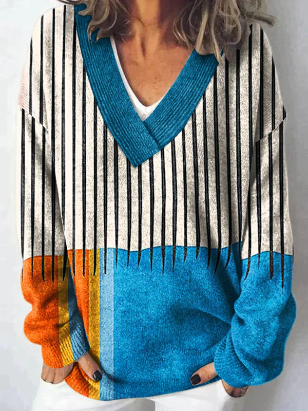 Minimalist Abstract Geometry Art  Print Knit V-neck Pullover Sweater