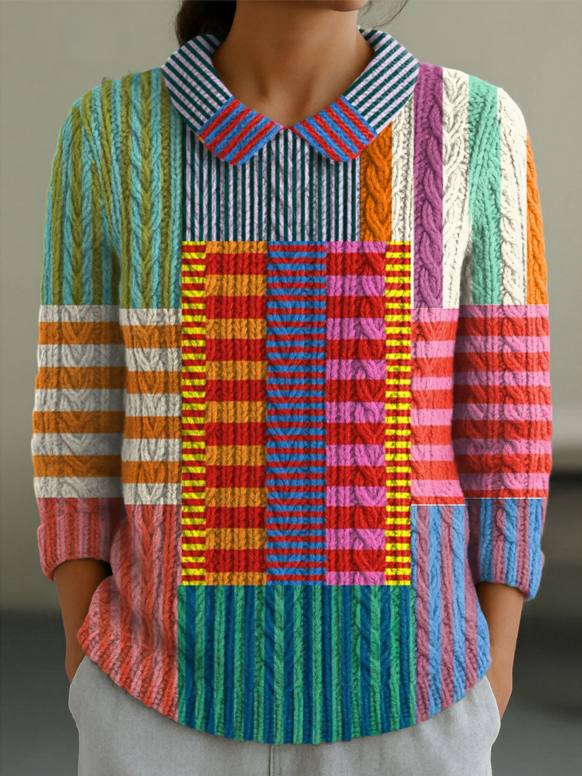 Women's Geometric Pattern Art Print Casual Peter Pan Collar 3/4 Sleeve Sweater