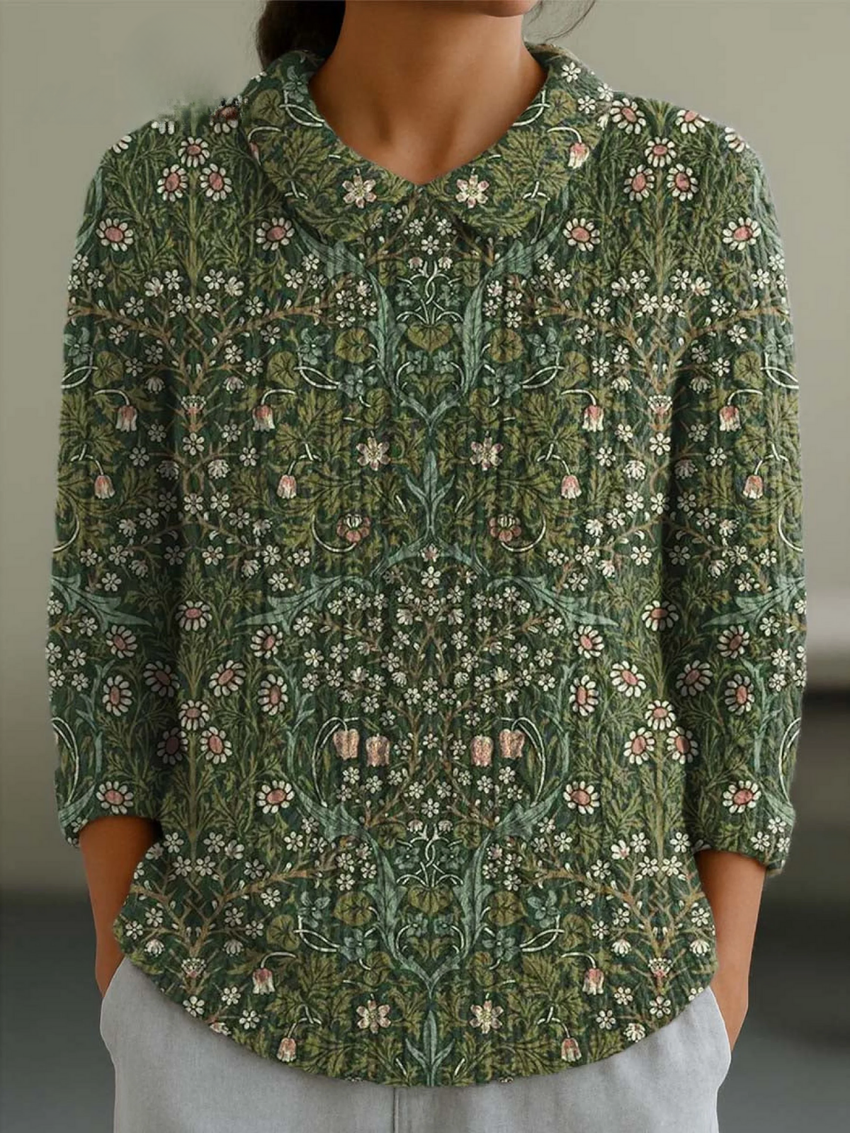 Women's Vintage Floral Art Print Casual Peter Pan Collar 3/4 Sleeve Sweater