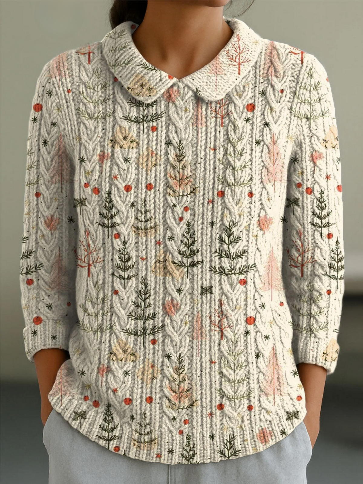 Women's Christmas Tree Art Print Casual Peter Pan Collar 3/4 Sleeve Sweater