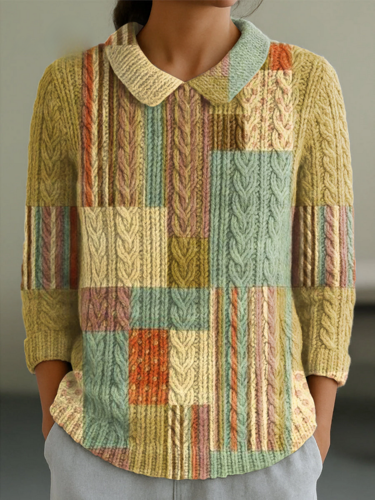 Women's Vintage Multicolor Geometric Check Art Print Casual Peter Pan Collar 3/4 Sleeve Sweater