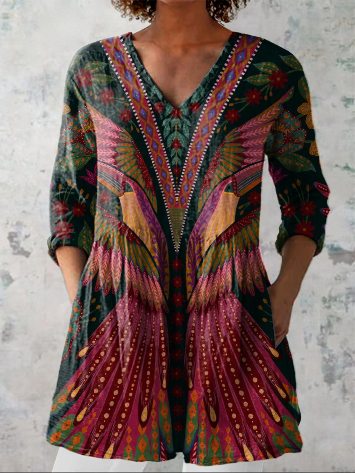 Summer Tropical Bird Symmetrical Pattern Printed Women's Casual Linen V-Neck Tunic