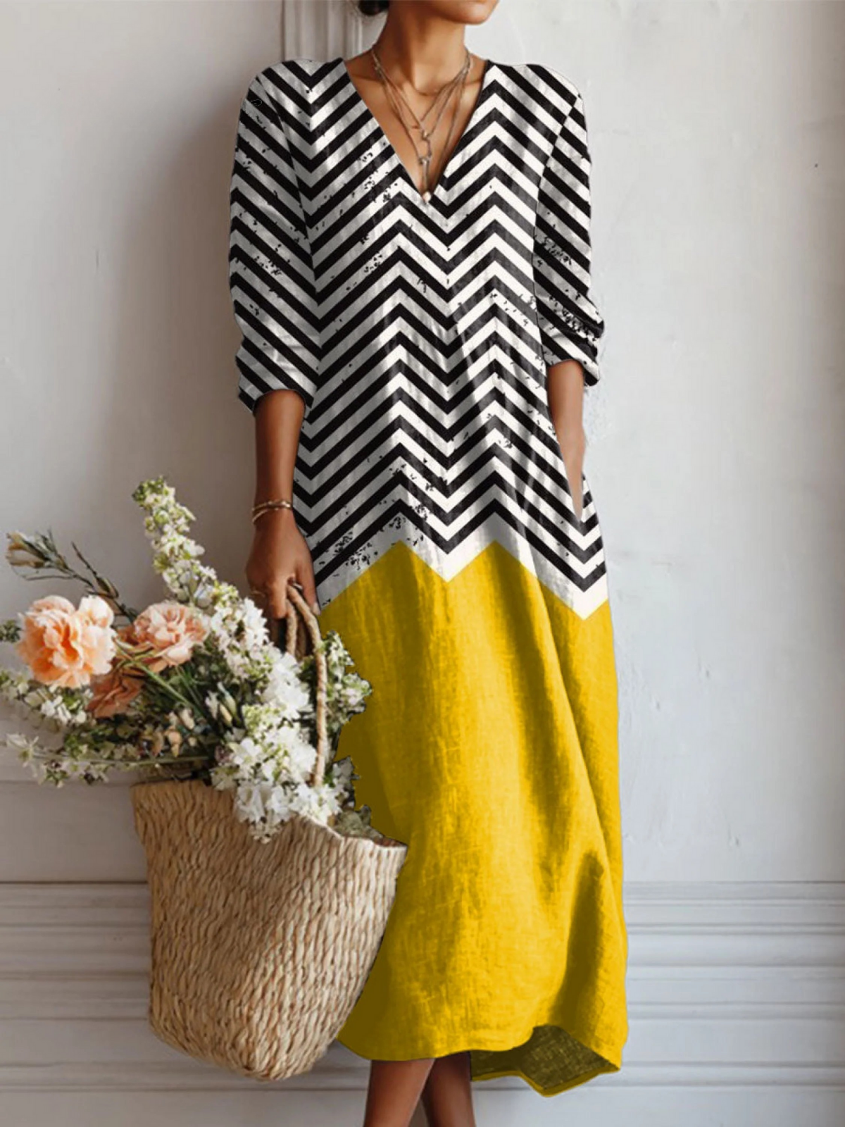 Women's Vintage Abstract Geometric Art Print Linen Pocket Tunic Dress