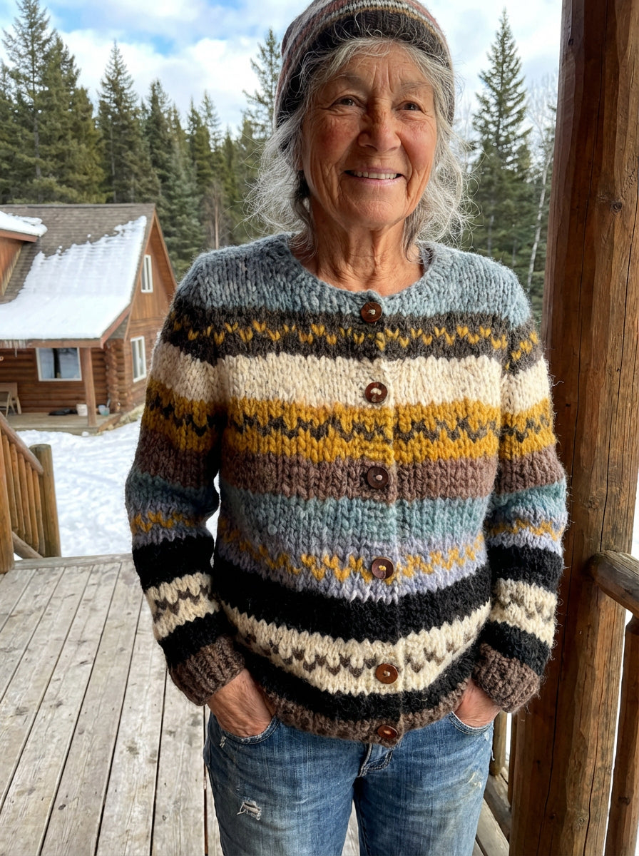 Striped Colour Block Print Buttoned Cardigan Sweater