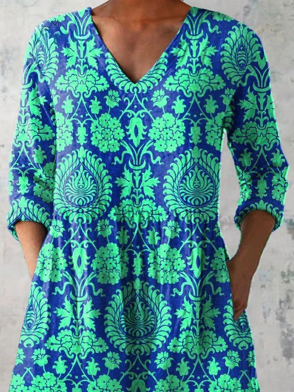 Vibrant Summer Ethnic Pattern Printed Women's Casual Linen V-Neck Tunic