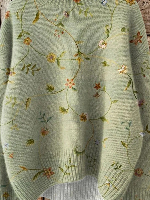 Vintage Lovely Floral Art Print Knit Turtleneck Pullover Sweater