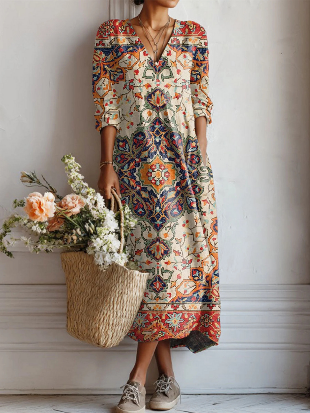 Women's Vintage Flower Art Print Linen Pocket Tunic Dress