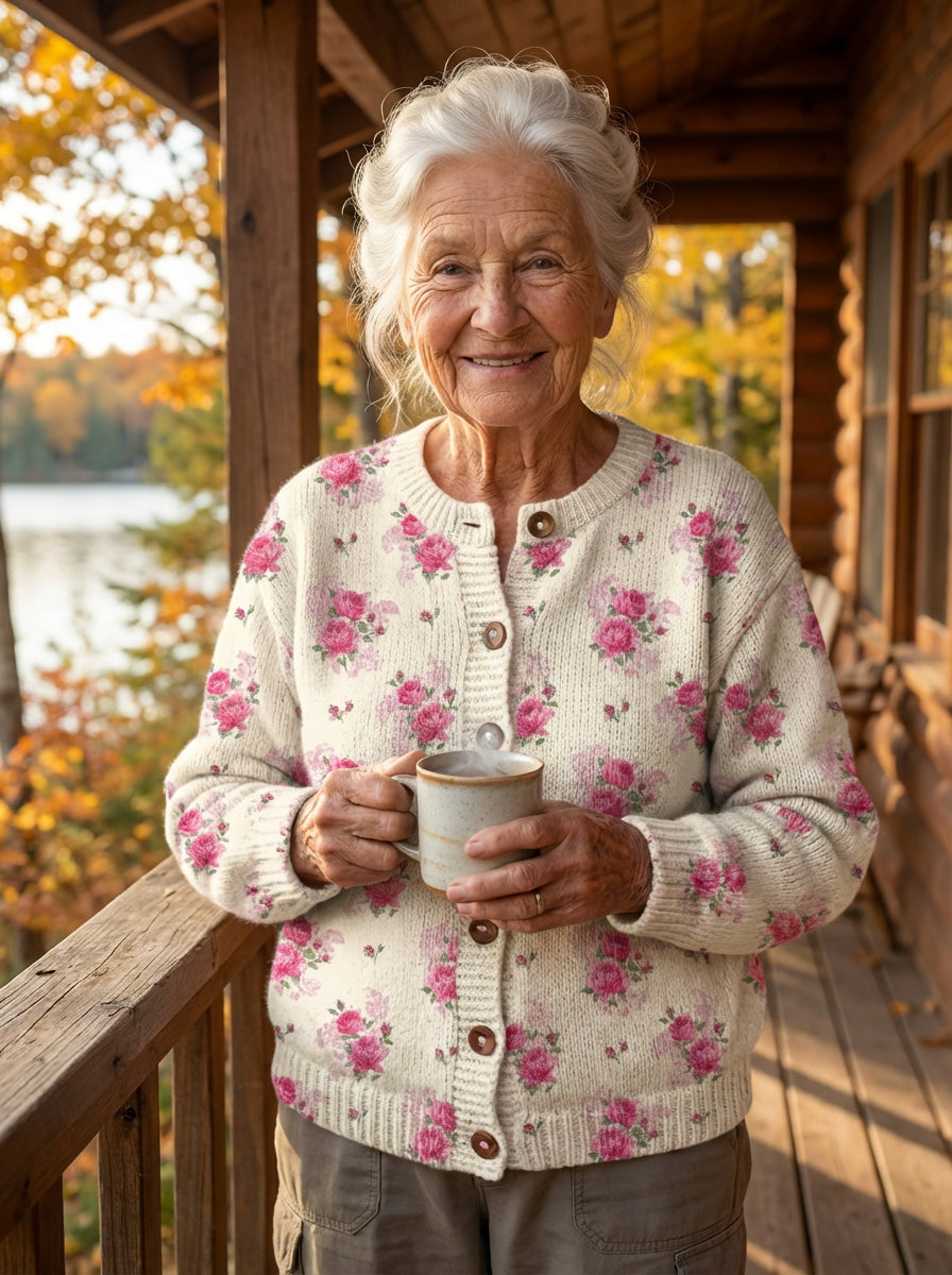 Watercolor French Rose Repeat Pattern Print Buttoned Cardigan Sweater