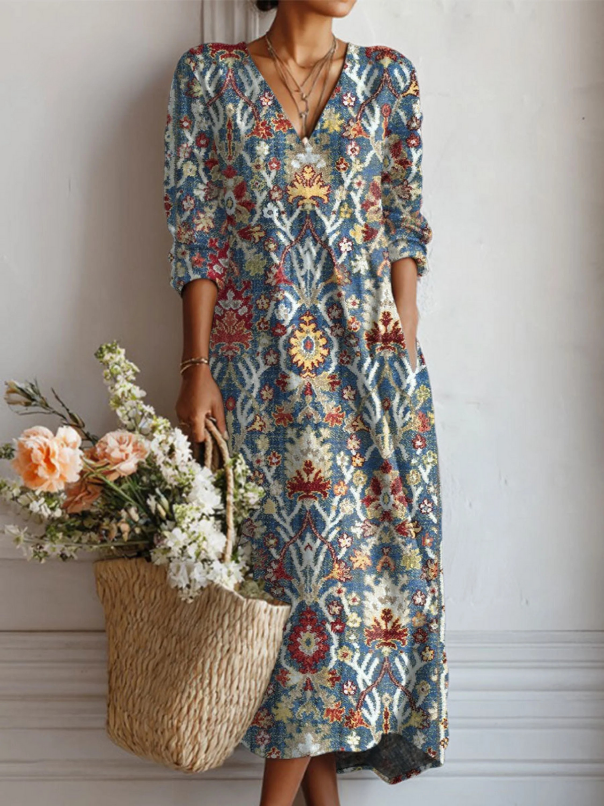 Women's Vintage Flower Art Print Linen Pocket Tunic Dress