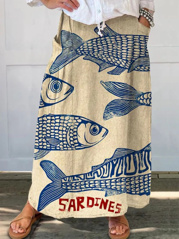 Women's Vintage Fish Sardine Art Print Linen Pocket Skirt