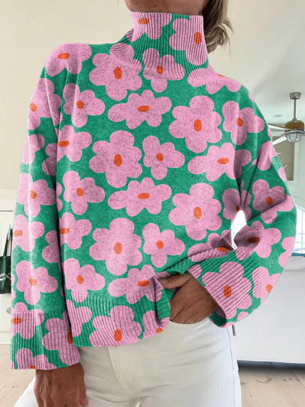 Women's Lovely Floral Art Print Knit Turtleneck Pullover Sweater
