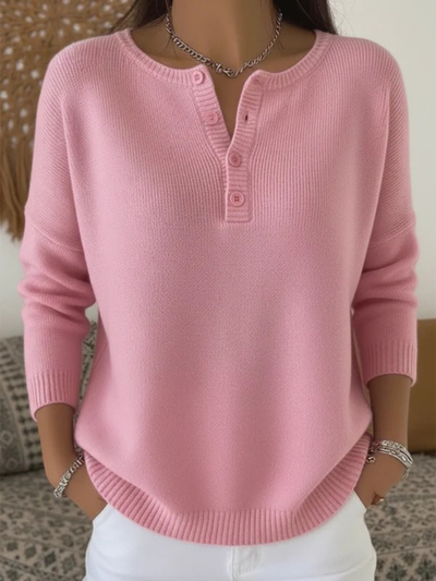Women's Soft Solid Color Henley Collar Sweater Top