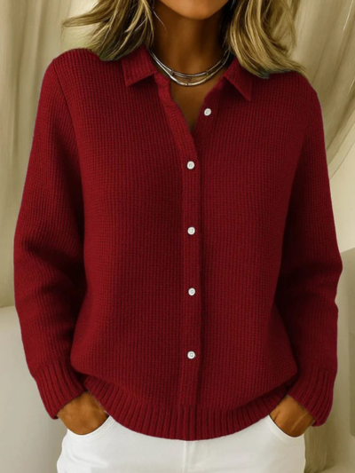 Women's Solid Color Shirt Collar Long Sleeve Waffle Knit Cardigan