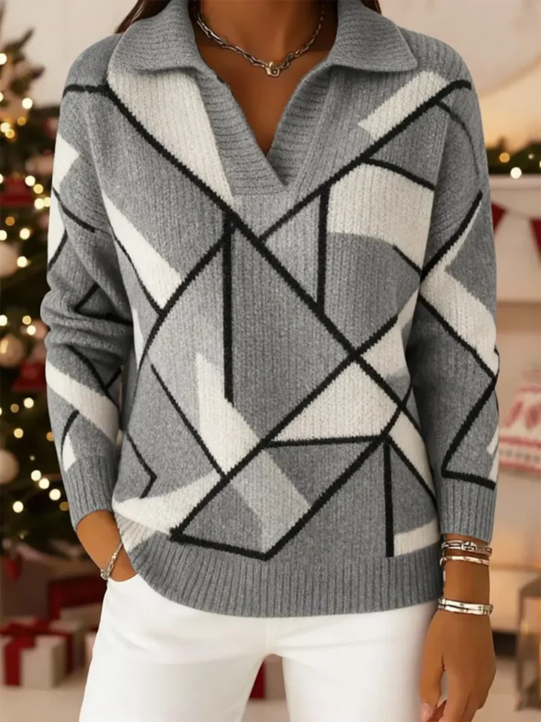 Women's Vintage  Geometric Lines Art Print Casual Sweater