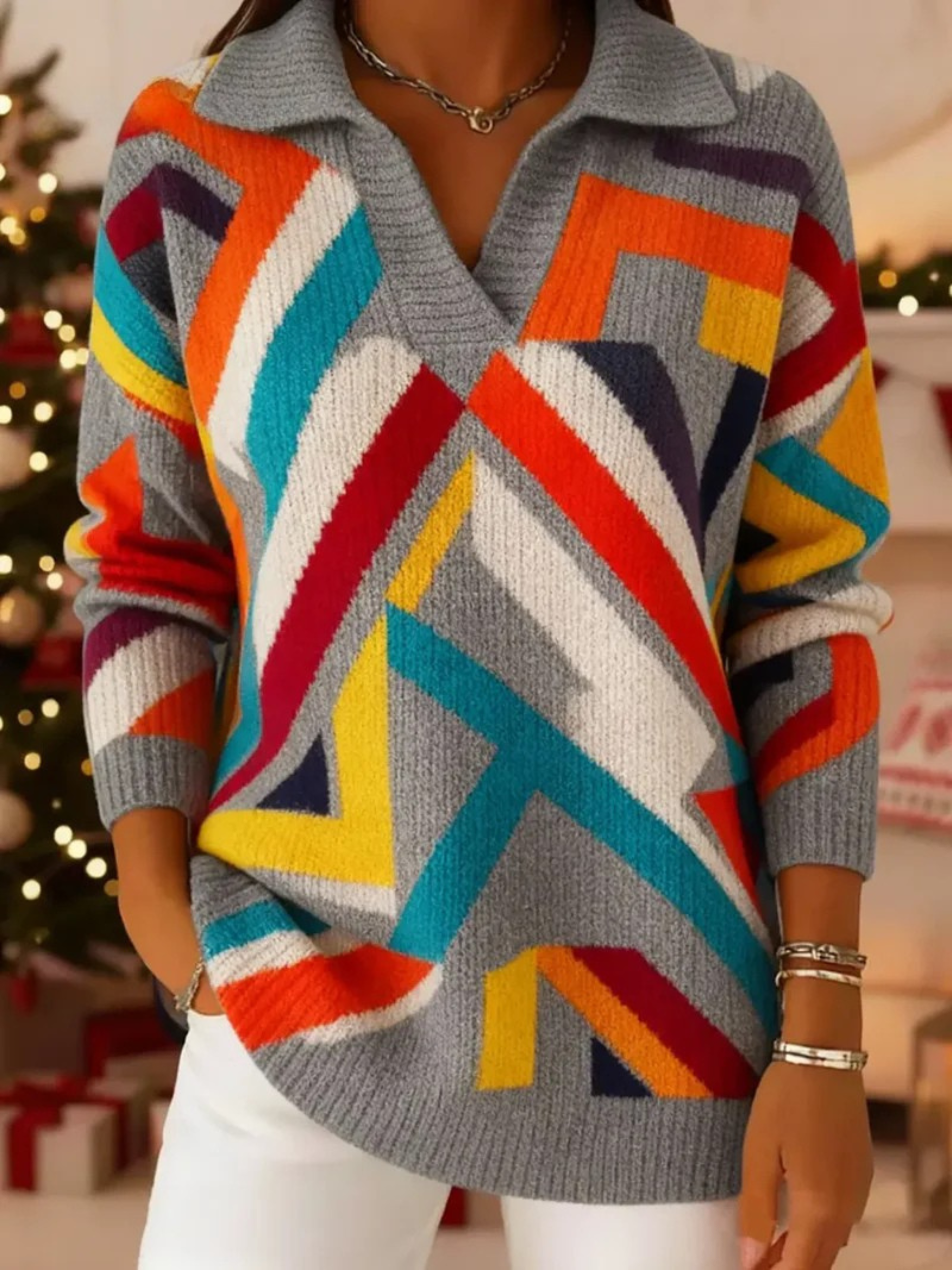 Women's Vintage  Geometric Lines Art Print Casual Sweater