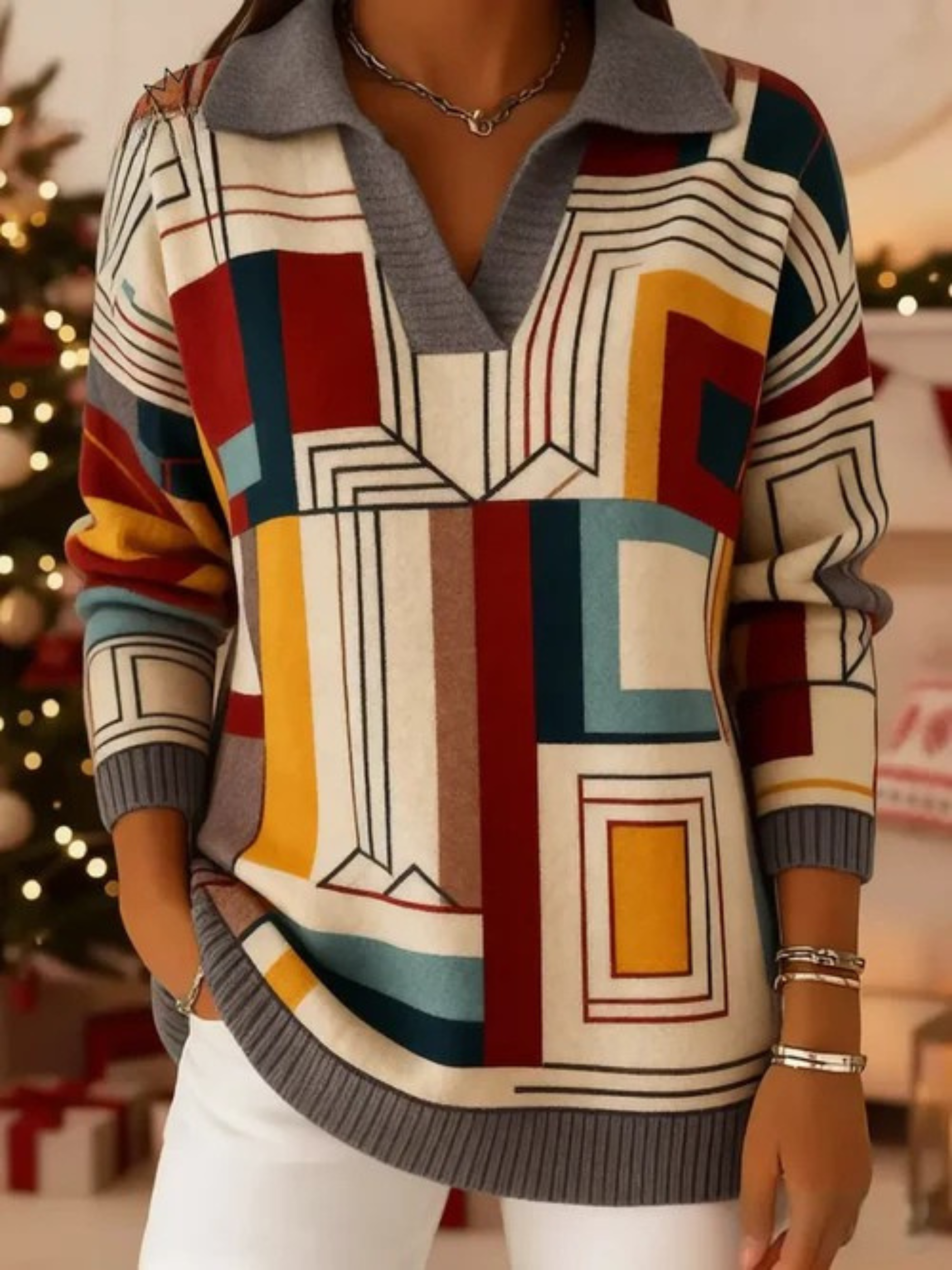Women's Vintage  Geometric Lines Art Print Casual Sweater