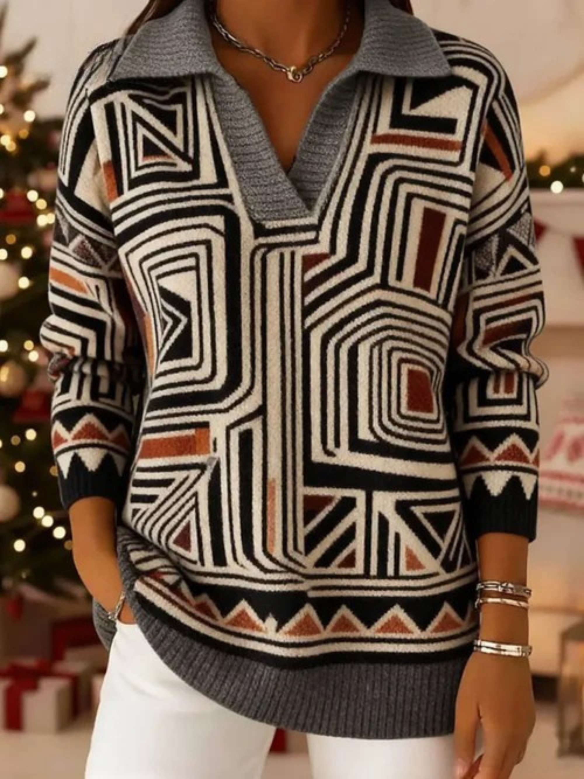 Women's Vintage  Geometric Lines Art Print Casual Sweater