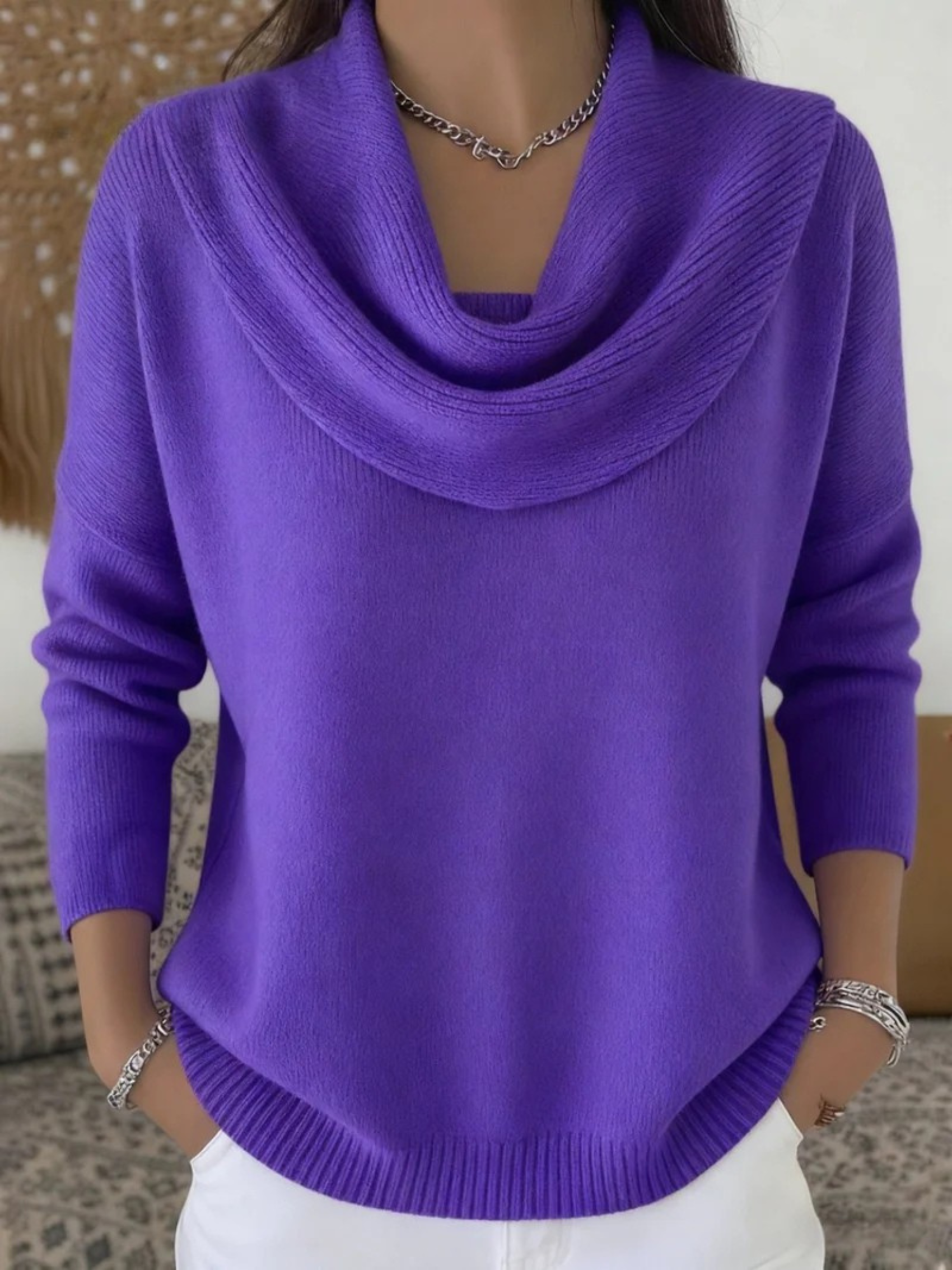 Women's Soft and Elegant Solid Color Ruffled Collar Sweater Top